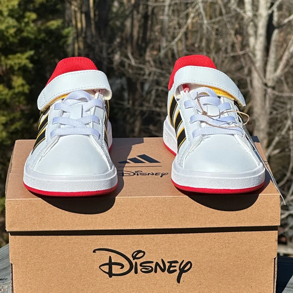 Adidas Grand Court + Mickey Mouse Kids Sneakers 12K 1.5Y White Red Youth GS NEW